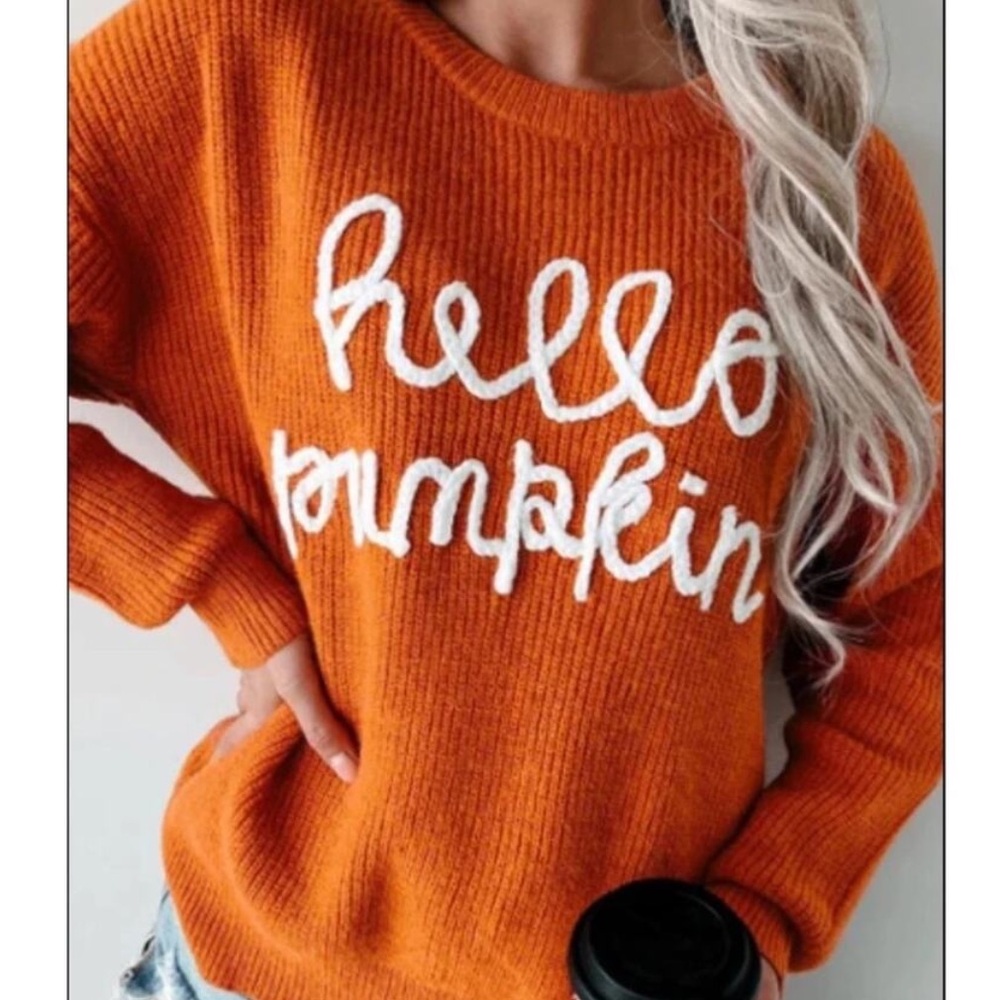 Chunky Ribbed Oversized Sweater Embroidered "HELLO PUMPKIN" Rust Orange S